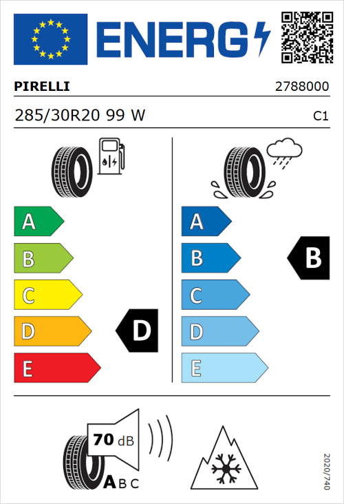 Tyre Label for Pirelli W270 285/30R20 99W