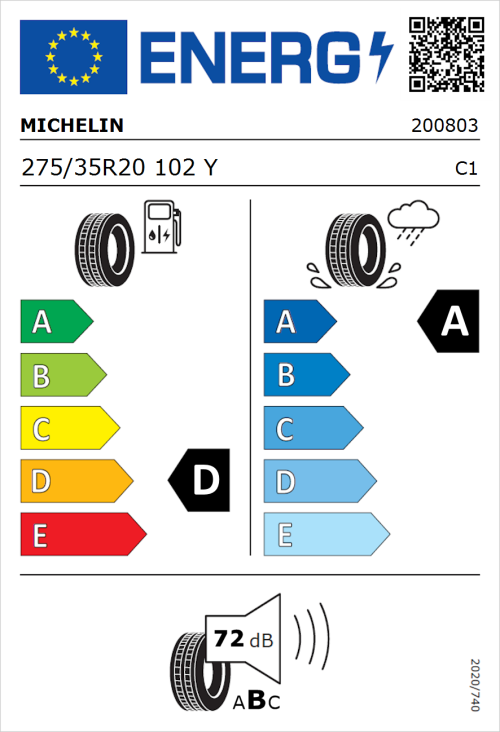 Tyre Label for Michelin Pilot Sport 4 (Zero Pressure) 275/35R20 102Y