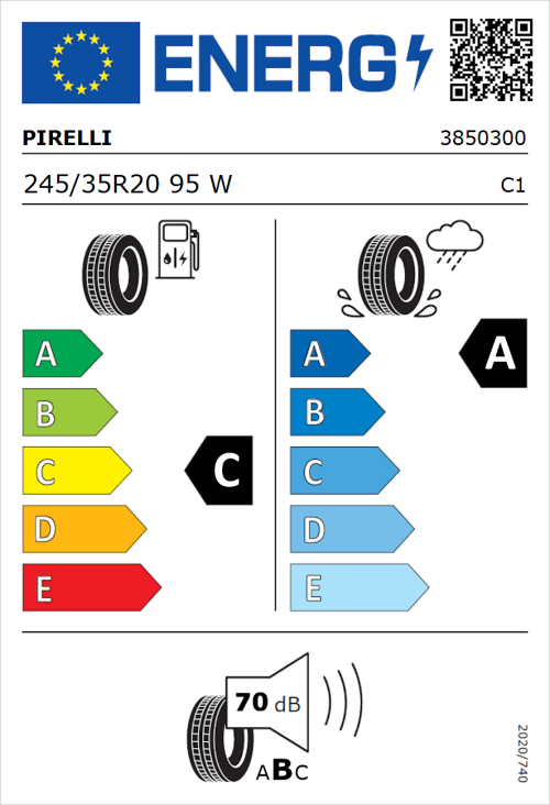 Tyre Label for Pirelli P Zero 245/35R20 95W