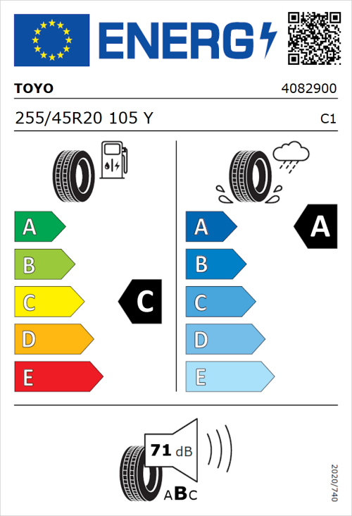 Tyre Label for Toyo Proxes Sport 2 255/45R20 105Y