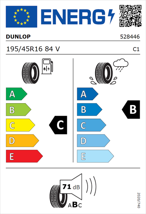 Tyre Label for Dunlop Sport BluResponse 195/45R16 84V