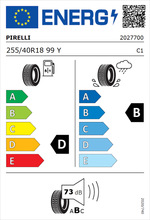 Tyre Label for Pirelli P Zero 255/40R18 99Y